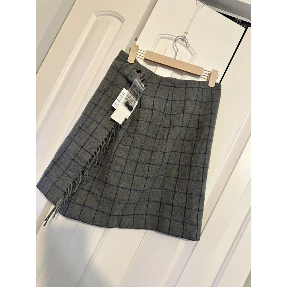 Uniqlo Ines‎ De La Fressange Skirt Plaid Grey Fringe Windowpane Size 2 NWT